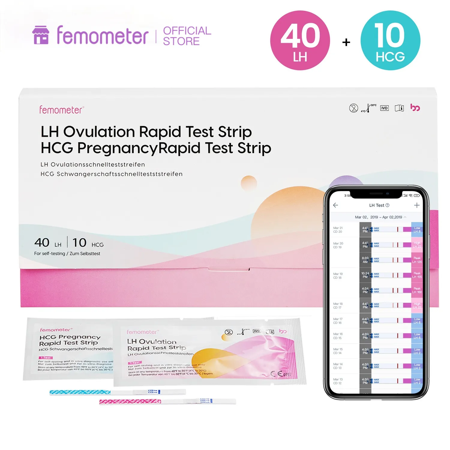 40+10 Pcs/Set Femometer Ovulation Test Urine Strip Kit Sensitive LH OPK Accurate Results with App