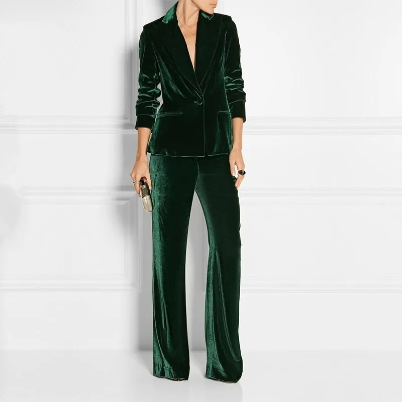 Formal Slim Fit Trabalho de Negócios Mulheres Desgaste 2 Peças Ternos Escuros Verdes Veludo Escritório Senhoras Moda Elegante Ternos Jacket Calças Set 200923