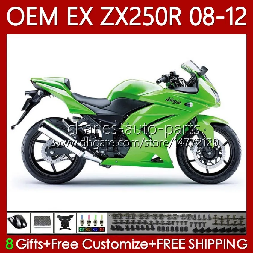 Injektionskropp för Kawasaki Ninja EX250 EX-250 ZX250 R EX ZX 250R 08 09 10 11 12 81NO.102 EX250R ZX-250R 2008-2012 ZX250R 2008 2009 2010 2011 2012 OEM Fairing Factory Green