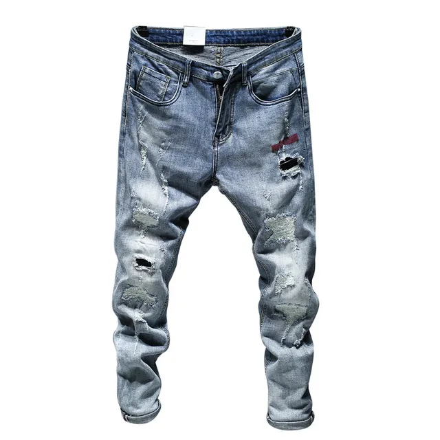 Hommes Jeans Trous Effiloché Hiphop Déchiré Bleu Clair Maigre Stretch Jambe Mince Streetwear Distressed Moto Biker Jeans Homme Denim Pantalon