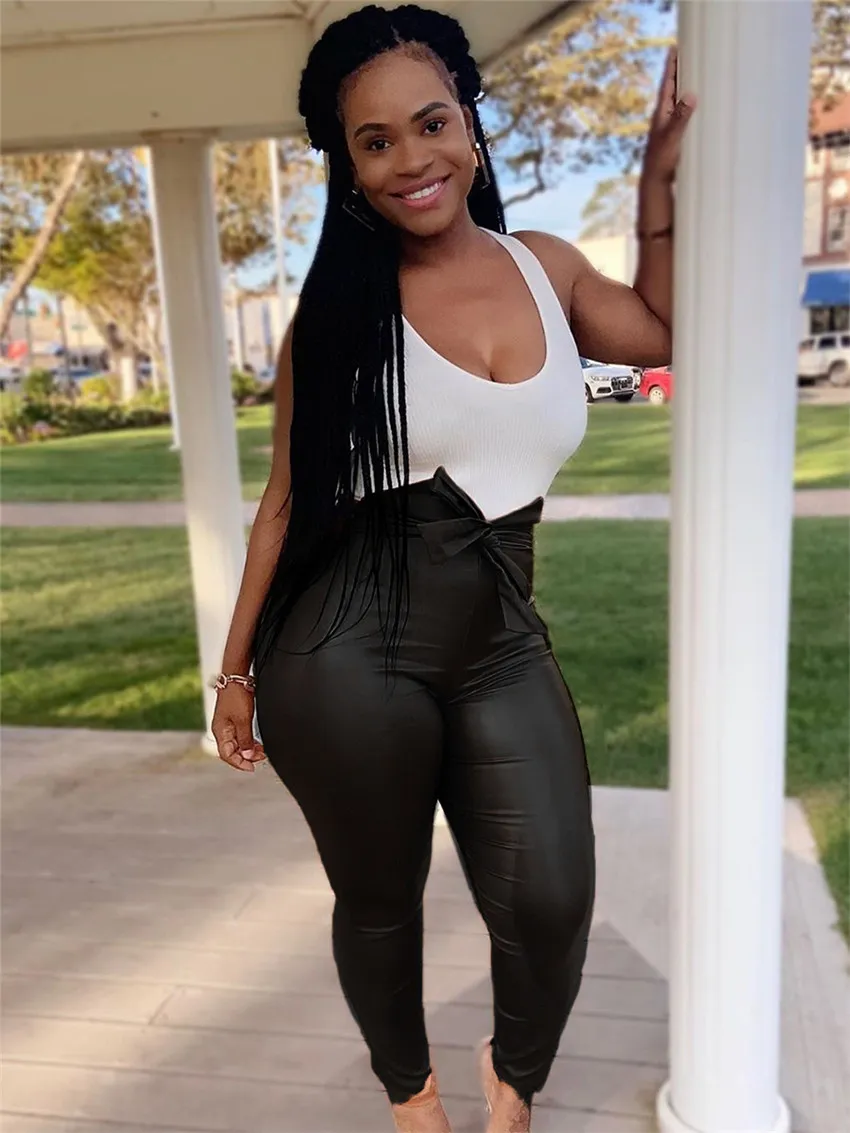 Women PU Leather Tight Leggings Pants S 4XL PLus Size Solid Fashion DesignHigh Waist Pencil Pants Casual Party Bottom Front Belt Bows F92904 From Factory items 14.59 DHgate.Com