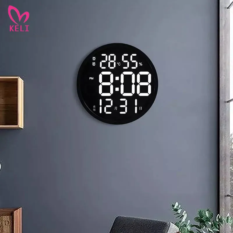 12 pulgadas LED Número grande Reloj de pared Digital Temperatura y humedad  Reloj electrónico Diseño moderno Decoración de la oficina Decoración de