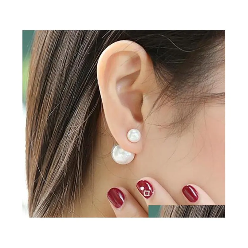 fashion korean style two sided white pearl imitation pearls studs for women boutique classic double sides pearl stud earrings