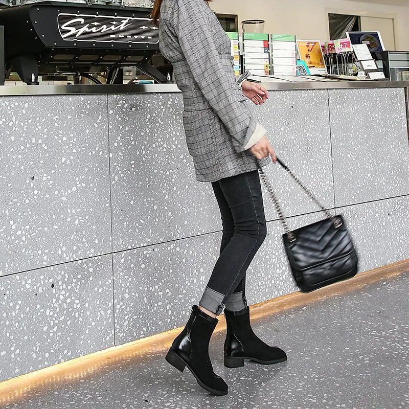 Hot Sale Classics Solid Zipper Mid Calf Boots for Women Med Square Heel PU Autumn Boots Sewing Winter Ladies Shoes Flock Round Toe
