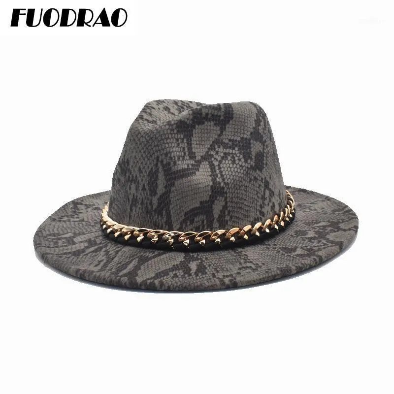 Wide Brim hattar Fuodrao ull Fedoras Kvinnor Höst Vinter Snake Skriv ut Kedja Panama Jazz Caps Vintage Cowboy Hat Men F1131