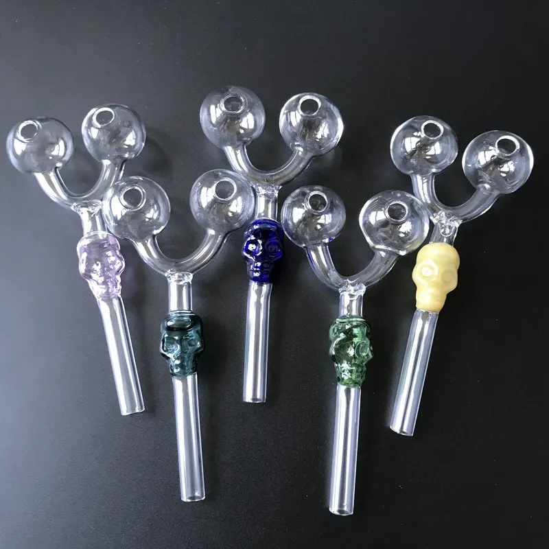Wholesale Mixed Colors Send Randomly Smoking Pipes Special Double Burner Human Skeleton Ball Style Pyrex Glass Oil Burner Pipe Smoke Accessories Hand Burning