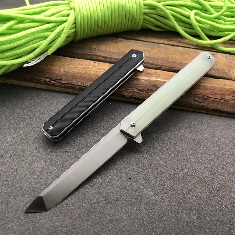 Cuchillo plegable con aleta con rodamiento de bolas de alta calidad 440C Satin Tanto Point Blade Negro / Arena / Amarillo G10 + Mango de hoja de acero inoxidable Cuchillos EDC