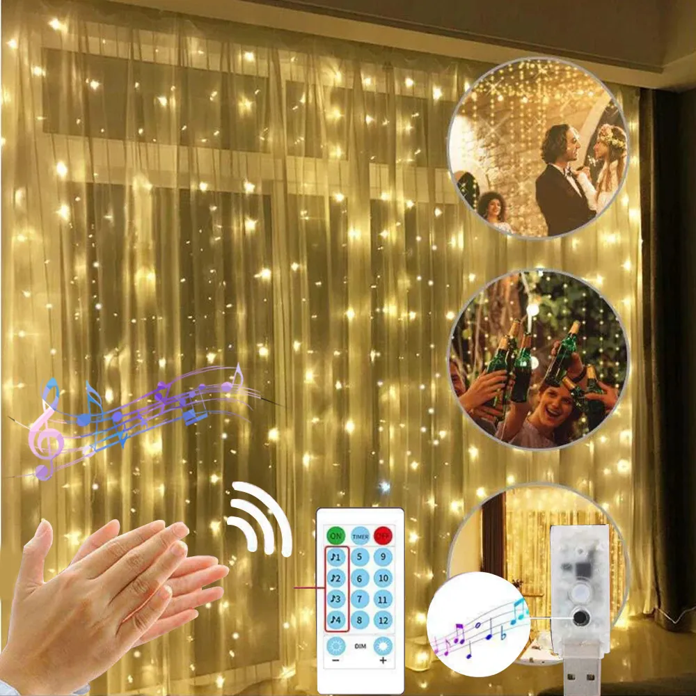 Świąteczne zasłony okienne String Light 3*3m LED Fairy Lights Outdoor Music Control USB Power Garland Lamp Party Garden