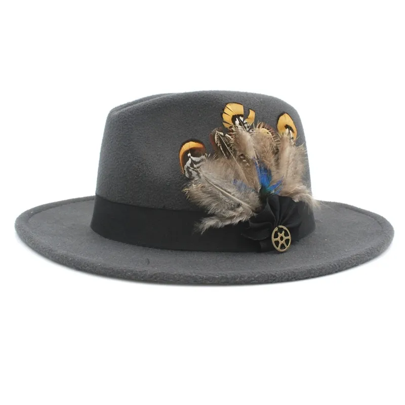 100% laine large bord feutre Trilby Fedora chapeau pour femmes hommes hiver Auturmn cachemire gangster chapeau d'église avec bande de plumes Y200714