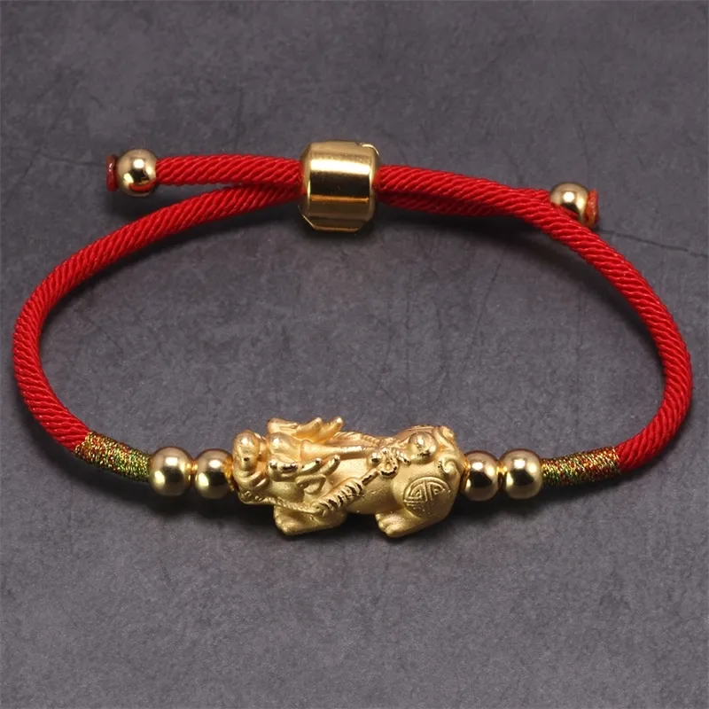 Lucky Red Rope Armbänder 999 Sterling Silber Pixiu Goldfarbe Tibetisch-buddhistische Knoten Verstellbares Charm-Armband für Frauen Männer Y200107