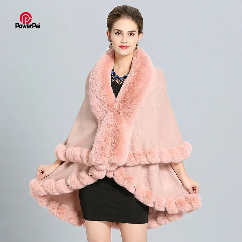 Fashion Double Layer Handcraft Fox Fur Cape Shawl Long Knit Cashmere Poncho Coat Wraps Faux Fur Pashmina Cloak Women Winter New J1215