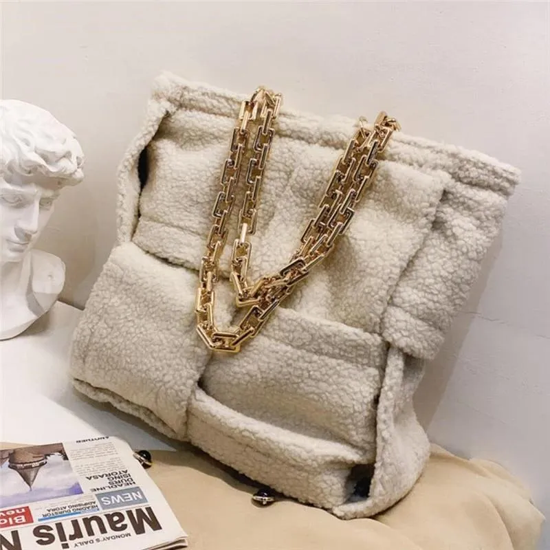 Designer- Thick Chain Large Tote Purse Bag Fashion New Quality Wool Women's Designer Handbag High Capacity Woven Shoulder Bag Travel Bag