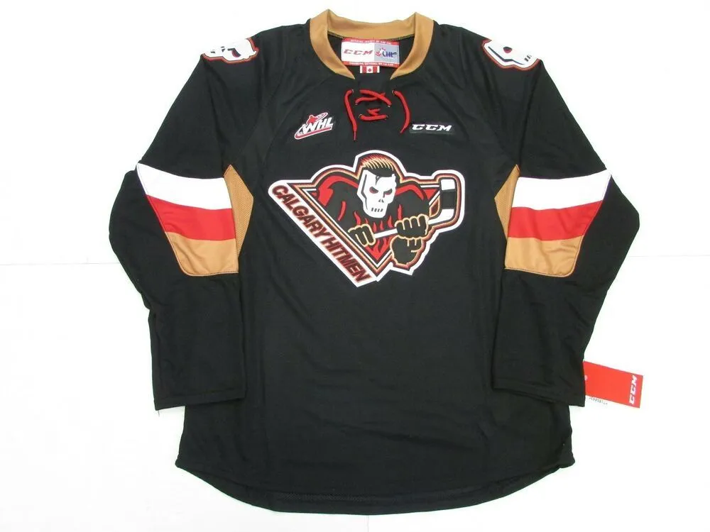 DİKİŞLİ ÖZEL CALGARY HITMEN WHL SİYAH CCM HOKEY JERSEY İSİM NUMARASINI EKLEYİN ERKEK KADIN GENÇ FORMA XS-5XL