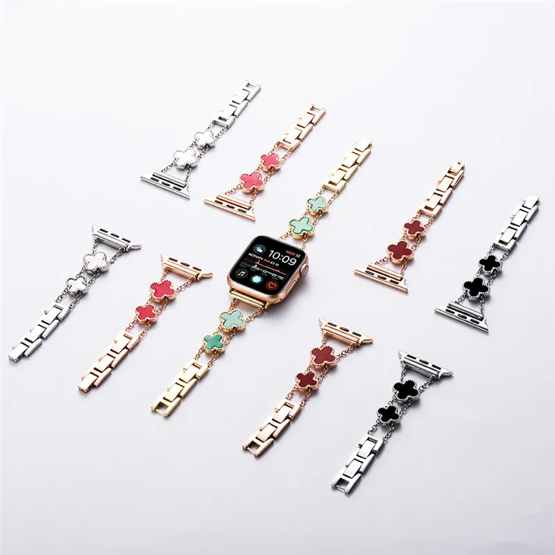 Luxuriöse Metallbänder für Apple Watch 38 mm, 40 mm, 41 mm, 42 mm, 44 mm, 45 mm, vierblättriges Kleeblatt-Ersatzarmband für iwatch 7, 6, 5, 4, 3, 2, 1 SE, Smartwatch-Band