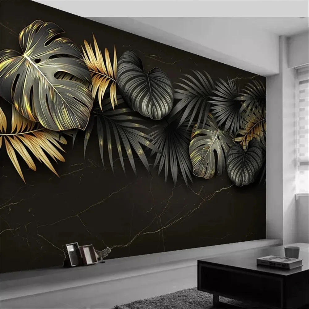 Custom 3D Wallpaper Plant Bladeren Marmeren Textuur Muurschilderingen Moderne Luxe Woonkamer Sofa TV Achtergrond Home Decor