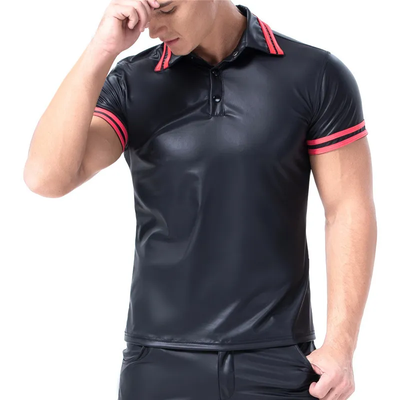 Mans underskjortor pu läder kort ärm t-shrits singlet män svart fitness streetwear party clubwear ropa sexig hombre shirt300a