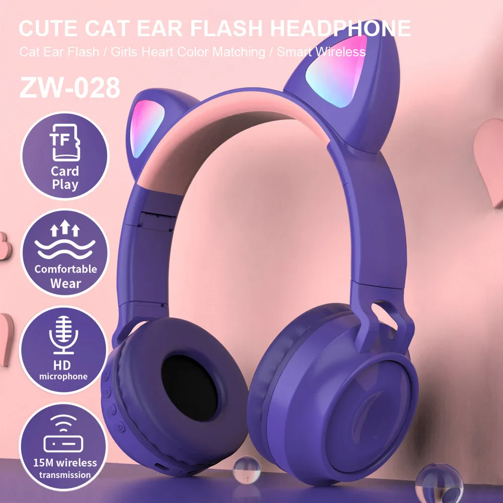 docooler Auricolare Bluetooth senza fili Glowing Cat Ear Auricolare Musica Cuffie vivavoce con microfono per telefono desktop portatile ZW-028