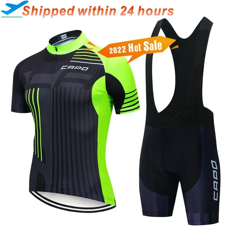 Conjuntos de corridas 2022 Capo Summer Summer Manga Cycling Jersey Conjunto respirável 100% Polyester Sport Bicycle Cloths Shorts