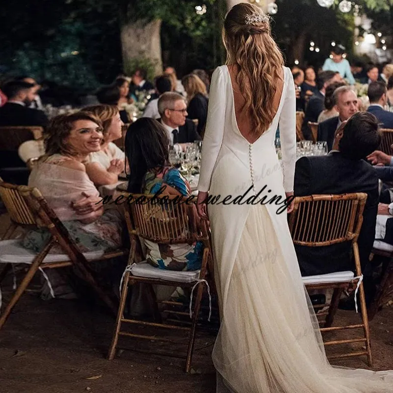 Country Garden Satin Bohemian Wedding Dress with Long Sleeves, Button Back, and Princess Bride Party Style in White or Ivory