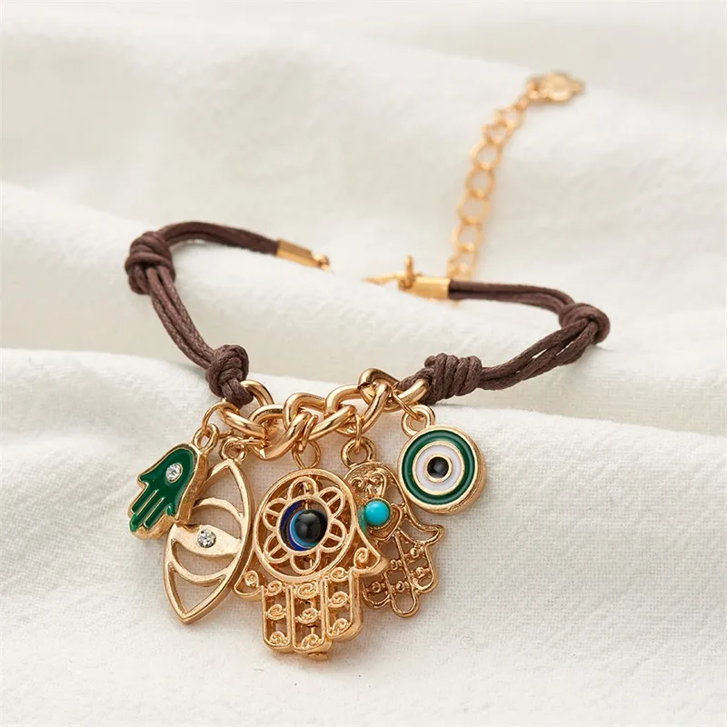 Hot Sell Blue Eye Leather Bracelet Lucky Evil With Hamsa Hand of Fatima Charm Wax Rope Bracelets For Girls Women Wholesale Jewely 78 K2