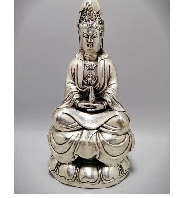 Magnifique statue en cuivre blanc et argent Guanyin du Tibet, artisanat exquis, statue du bouddhisme de la liberté