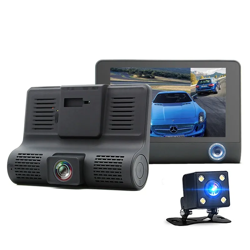 2021新しい4.0 "車のDVRカメラ車のカメラのデュアルレンズのリアビューレジストラの3つのカメラの夜間ビジョンカーDVRSビデオダッシュカムビデオカメラ