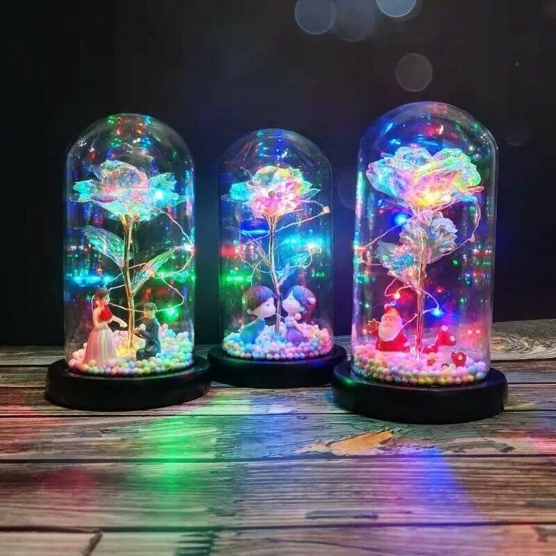 LED Büyülü Gül Işık Silked Yapay Ebedi Gül Çiçek Cam Kubbe Lambası Dekorları Işık Noel Sevgililer Günü Romantik Hediye C0930