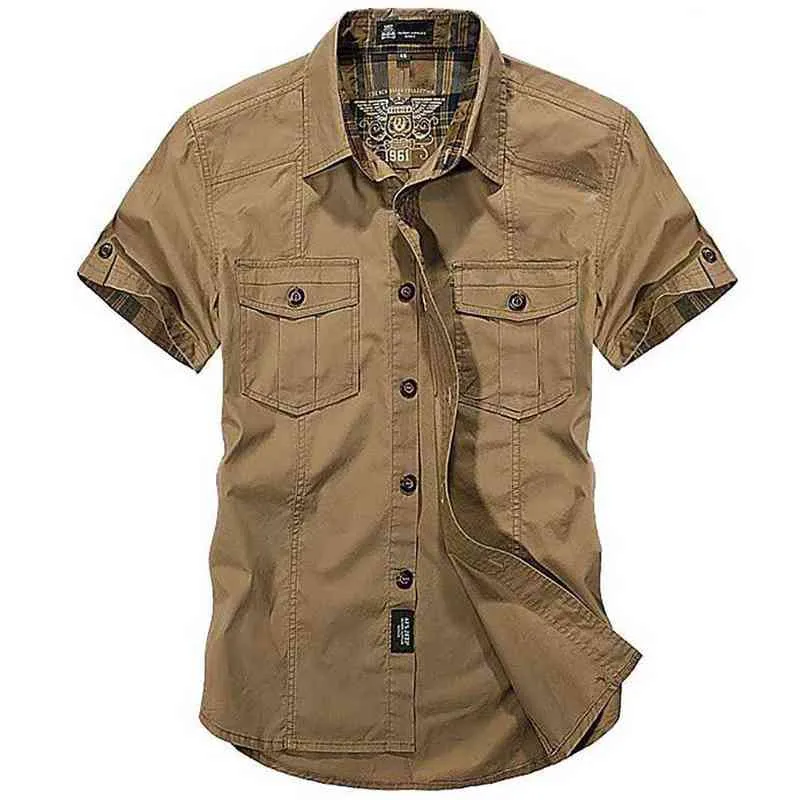 Moda Pamuk Casual Gömlek Yaz Erkekler Artı Boyutu Gevşek Baggy Gömlek Kısa Kollu Turn-down Yaka Askeri Stil Erkek Giyim G0105