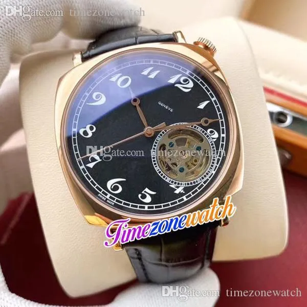 Nuovo orologio da uomo da 40 mm a buon mercato Custodia automatica in acciaio/rosa in oro nero/marrone Mani nera/bianca TOURBILLON Cinta di pelle TimeZonewatch E130A1