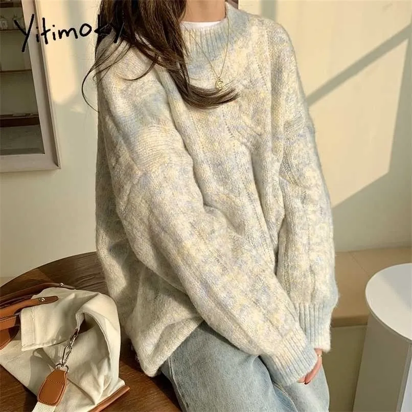 Yitimoky Winter Pullover für Frauen Beige Oansatz Pullover Plus Größe Dick Gestrickte Lange Hülse Kleidung Koreanische Herbst Lose Top 211216