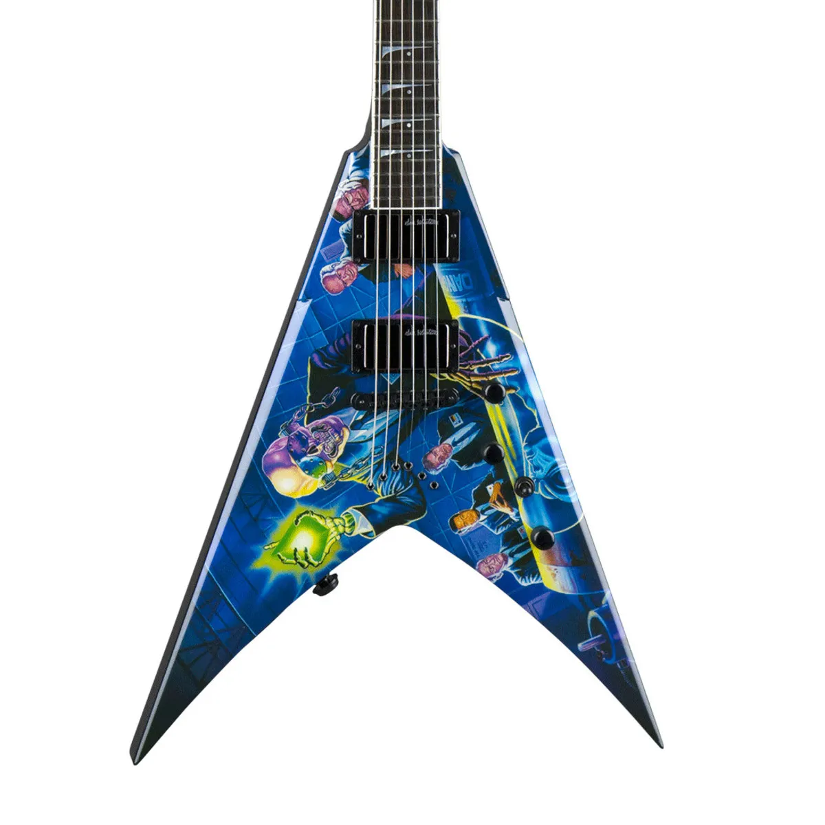 DaveMustaine Megadeth Rust In Peace Blue FlyingV E-Gitarre, Grover-Mechaniken, Saiten durch den Körper, aktive Tonabnehmer, 9-V-Batteriekasten, schwarze Hardware, Haifischflossen-Inlay