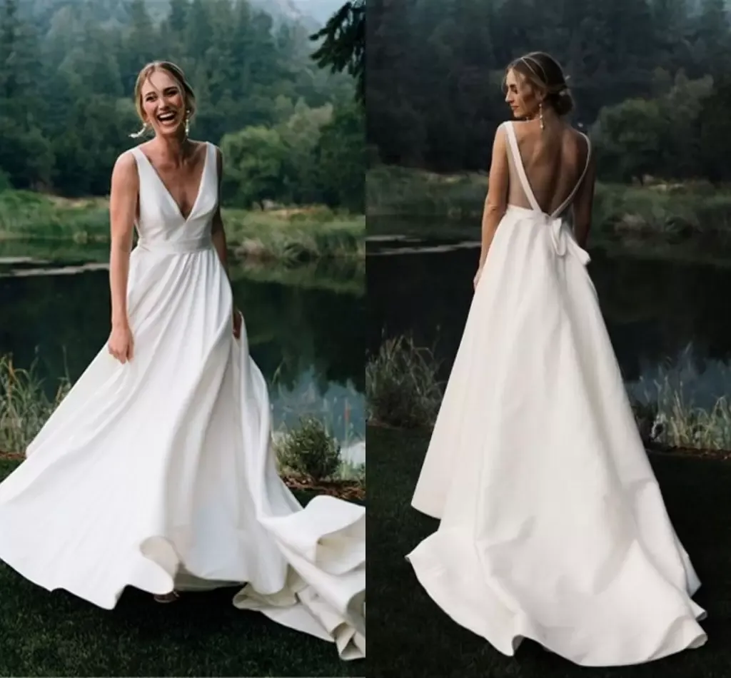 Elegante satijnen strand trouwjurken bruidsjurken diep v nek sexy backless sweep trein op maat gemaakte tuin plus maat eenvoudig vestido de novia 403 403