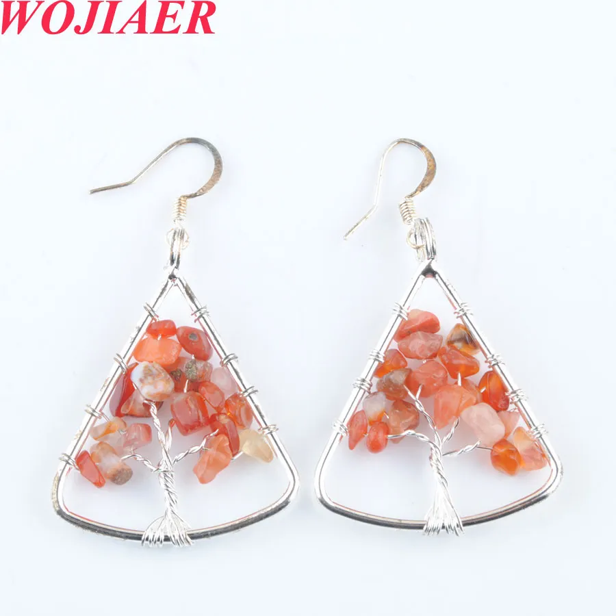 WOJIAER Natural Stone Chip Tree of Life Dangle Drop Earrings for Women Healing Crystal Opal Sector Hook Earring Jewelry BO939