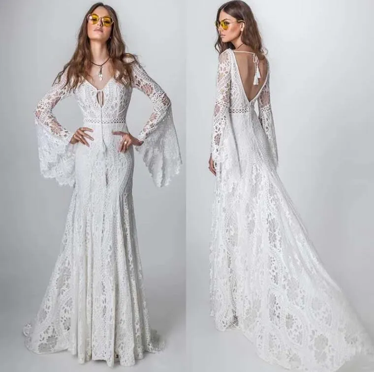 Böhmen Lace Beach Wedding Dress Vintage Long Flare Sleeve Vestido de Noiva Crochet Lace Mermaid Bridal Wedding Dresses Backless