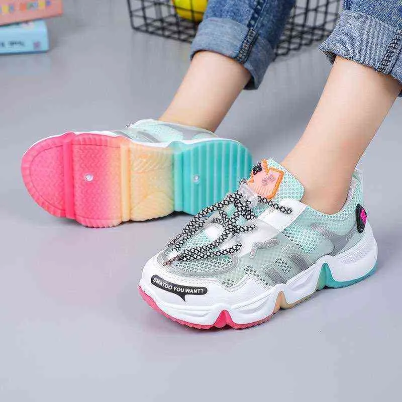 2021 new boys and girls fashion rainbow solid bottom sneakers children middle school students breathable running shoes G220308