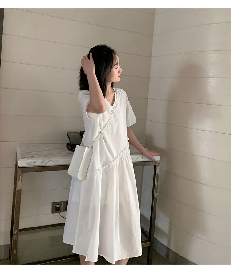 💐 Vestido de lino de algodón de manga corta de color sólido de verano