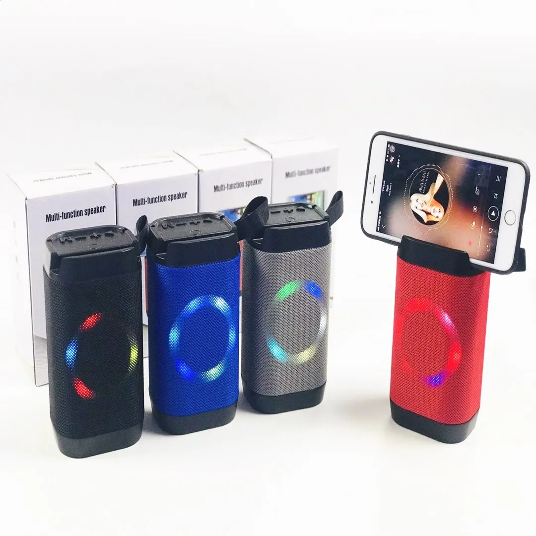 Bluetooth Mini Speaker with Phone Holder Handle Portable Wireless Sound Box FM Radio Colorful LED Lights Stereo Loudspeaker Mount