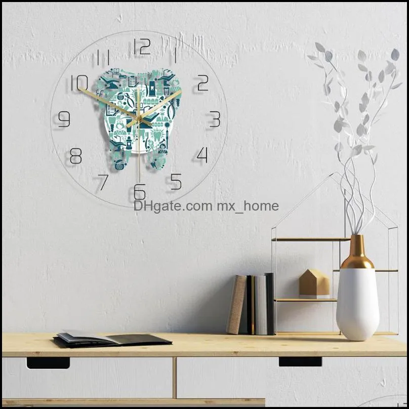 Wall Clocks Dentistry Tooth Clock Dental Care Symbols Acrylic Hanging Quiet Movement Watch Department Decor Sign
