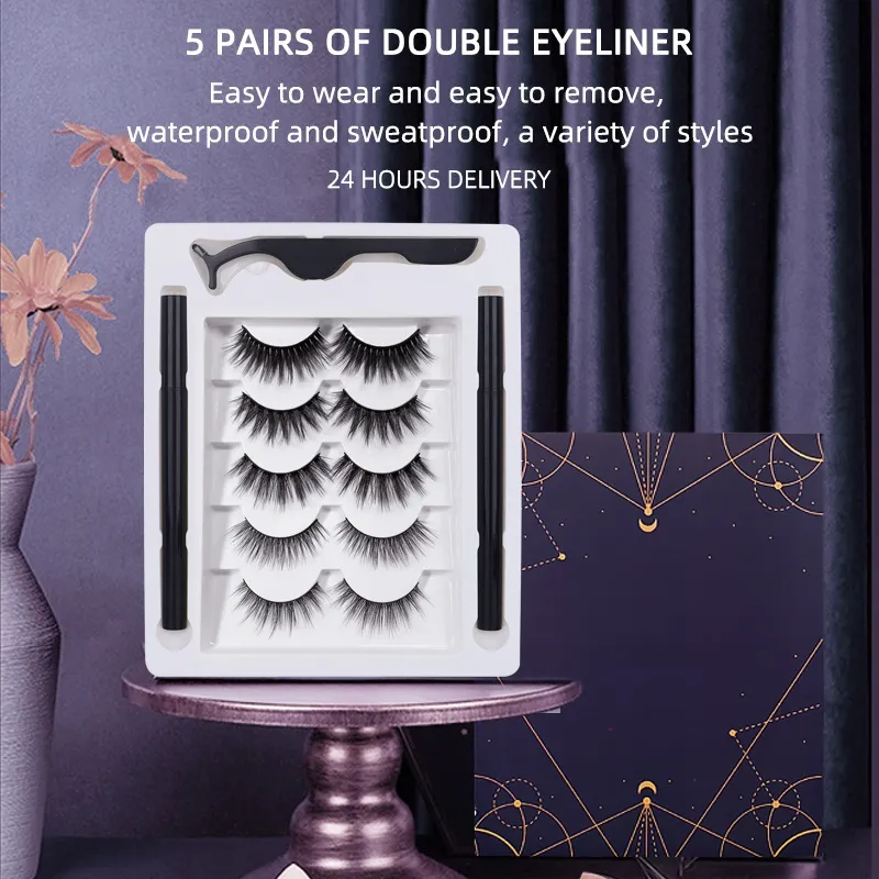 Kalın Doğal Uzun Kendinden Yapışkanlı Sahte Lashes 5 Pairs Set Yumuşak Canlı Yok Yok Manyetik Tutkalsız Çift Eyeliner + Cımbız ile Yanlış Kirpikler