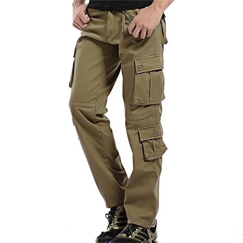 Winter Warm Fleece Pants Mens Tjock Chinos Cargo Byxor Många Pocket Baggy Arbeta Militär Overaller Manliga Byxor Män Kläder 201118