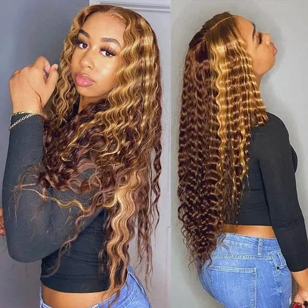 Ishow Highlight 4/27 Body Wave Menselijk Haar Pruiken 28 34 40 inch Bruin Omber Kleur Deep 4x4 Straight Lace Front Pruik Pre-pluked voor vrouwen Alle leeftijden