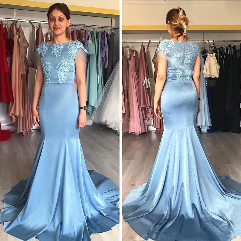 Light Sky Blue Mother of the Bride Dresses Lace Cap Sleeve Modest Long Mermaid Evening Prom Gowns 2021 Customized Wedding Guest Dress