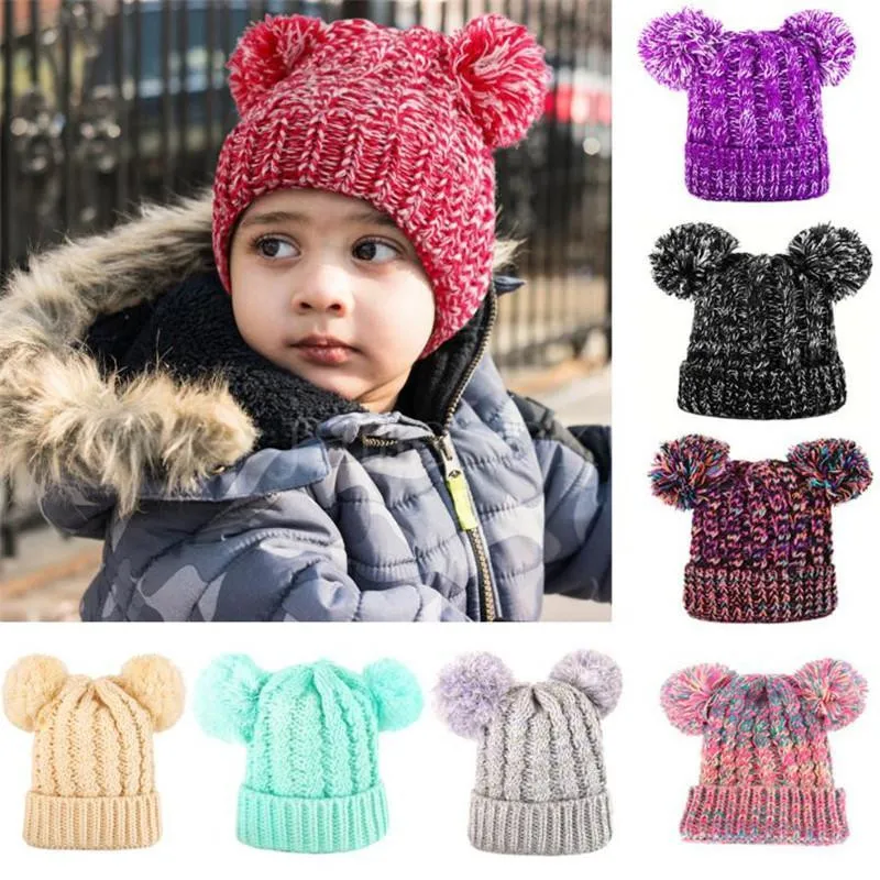 Chapeau tricoté d'hiver pour fille, joli bonnet tricoté à Double boule, casquette Skullies chaudes pour enfant en bas âge, bonnet à pompon au Crochet, chapeau chaud d'extérieur DB028