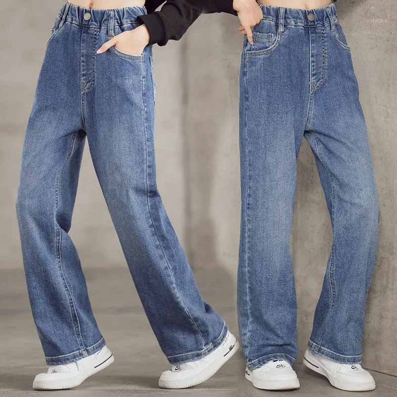 Jean polaire pour filles, pantalon en Denim à jambes larges, bleu décontracté, taille élastique, mode automne-hiver 2022 pour adolescentes