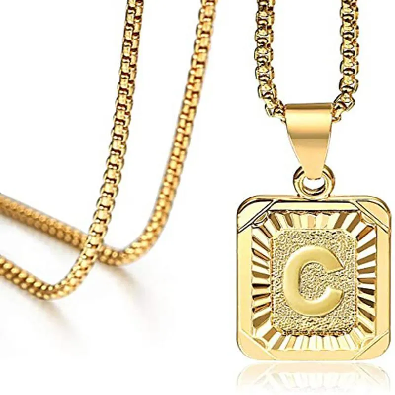 Initial Letter Pendant Necklace Mens Womens Capital Letter Yellow Gold Plated A Z Stainless Steel Box Chain 23.5inch dropshipping