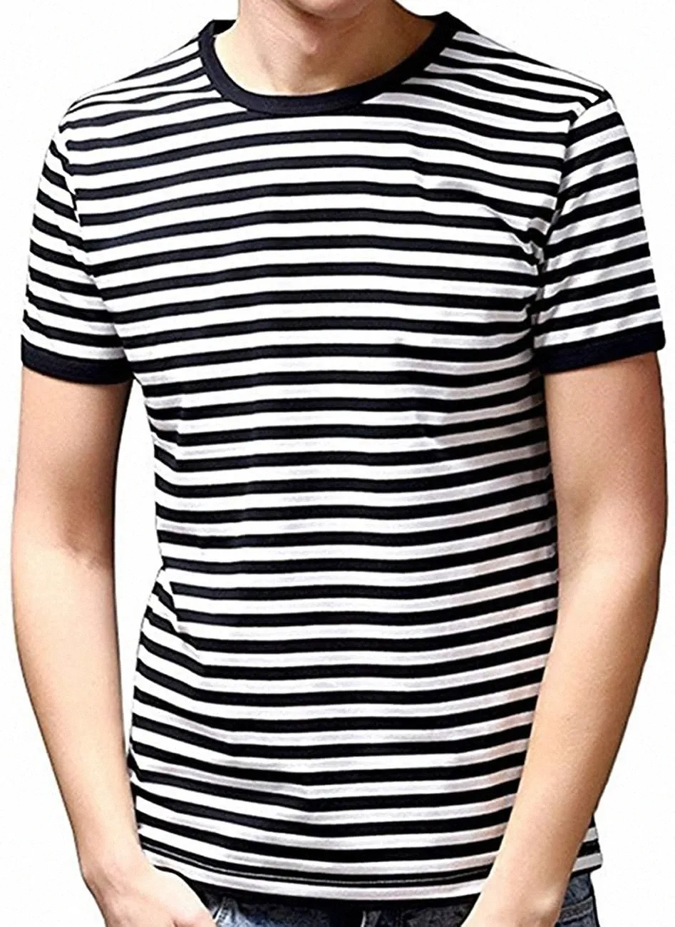 EZSSSKJ Hombre Blanco Y Negro Camiseta De Rayas Manga Corta Cuello La Tripulación De La Tripulación Tops T2I1 # 18,08 € | DHgate