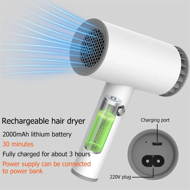 USB Smart Cordless Hårtork Veratile Portable Rechargeable Blow Home Salon Hairdressing Tools 211224