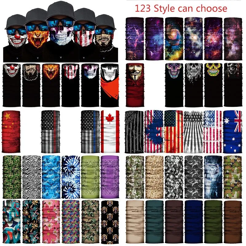 123 Syle Halloween FaceShield Skull National Flag Solid Färgmönster Utomhus Damm Cykling Mask Multifunktionell Magic Turban XD23842