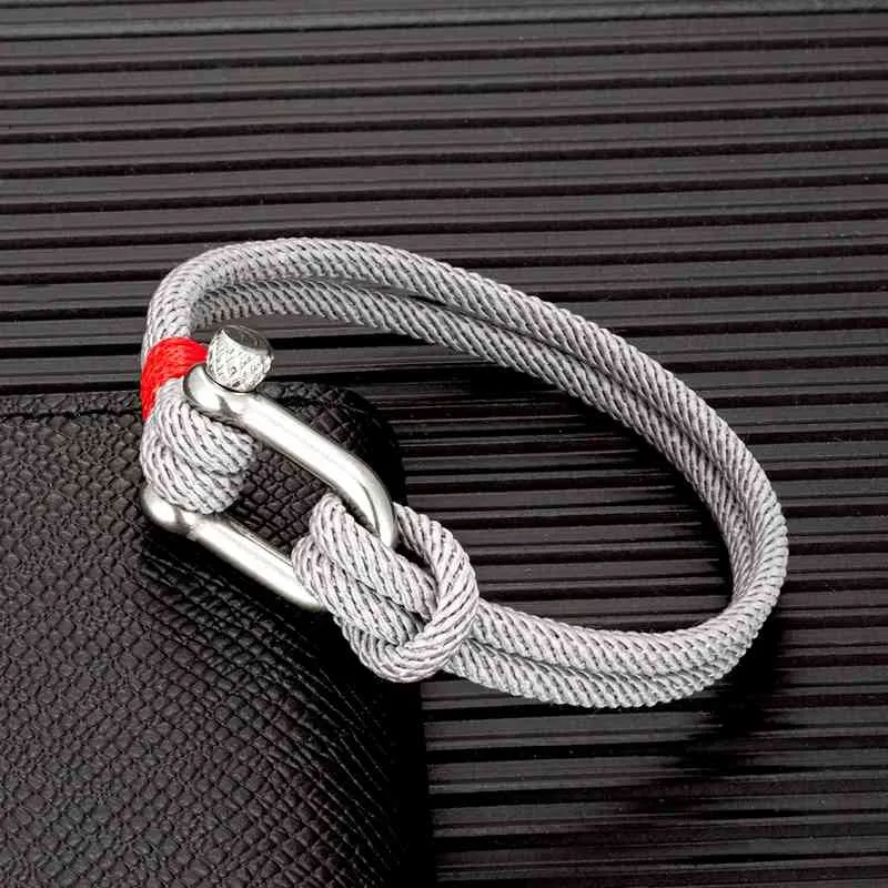 Mkendn Men Minimalist Double Strand Nautical Gray Rope Bracelet Nylon Buckle Shackle Navy Anchor Jewelry for Women