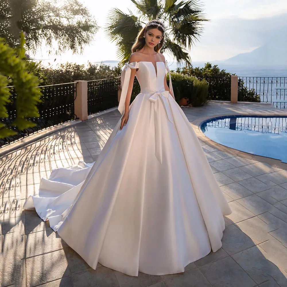 Elegante abito da sposa semplice 2022 Off The Shoulder Princess Boho Abito da sposa in raso con cintura Bowknot Donna Vestidos de Noiva Robe Mariage